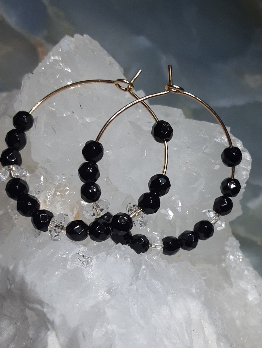 G. Stainless Steel, Black Spinel, Herkimer Diamond Quartz Hoops. PRICE IS FIRM.